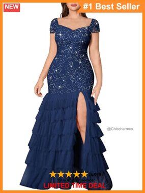 Plus Size Sequin Lace Mermaid Formal Dress Slit V-Neck Prom Gown